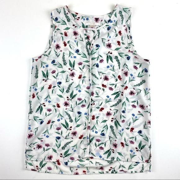 c&e Tops - c&e White Sleeveless Floral Foliage Hi Lo Keyhole Neck Crepe Tank Top Medium